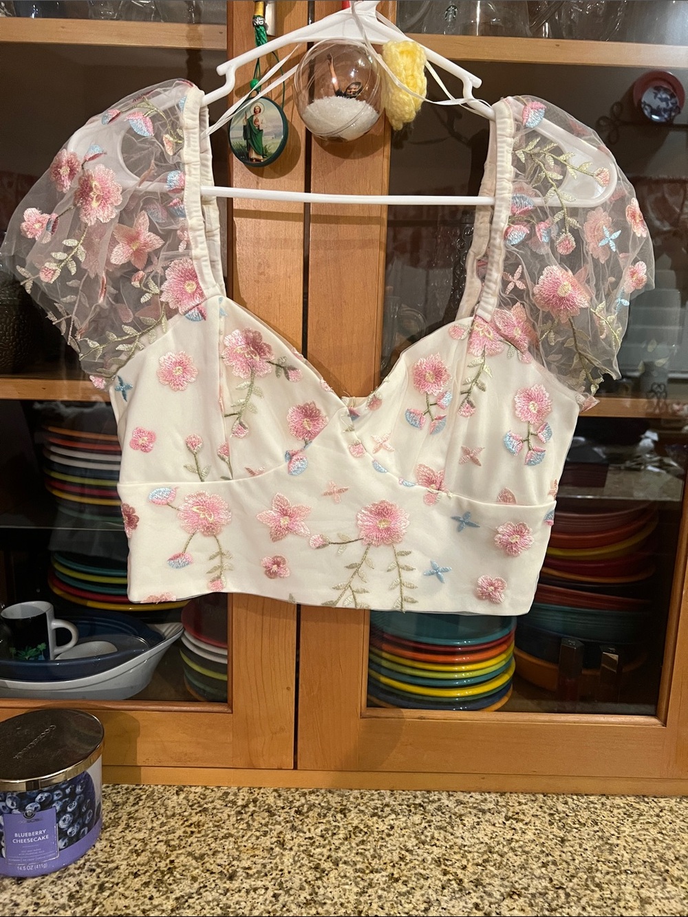 Altar'd State White Crop Top with Pink Floral Embroidery - Picture 4 of 8